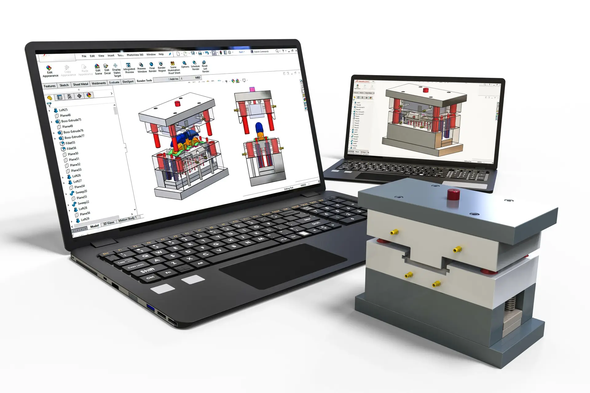 Laptop Running Solidworks Software - Designing in the Digital Realm and Realizing with a Physical Machine. Laptop Displays 3D Model Design, While a Physical Machine Actively Manufactures the Part.
